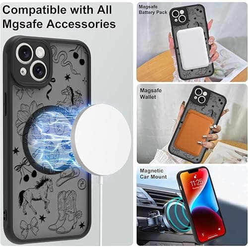MOWIME Magnetic for iPhone 14 case [Compatible with MagSafe] Cute Western Cowboy Floral Translucent Matte Hard Back Shockproof Anti-Scratch Phone Case-Black thumbnail 4