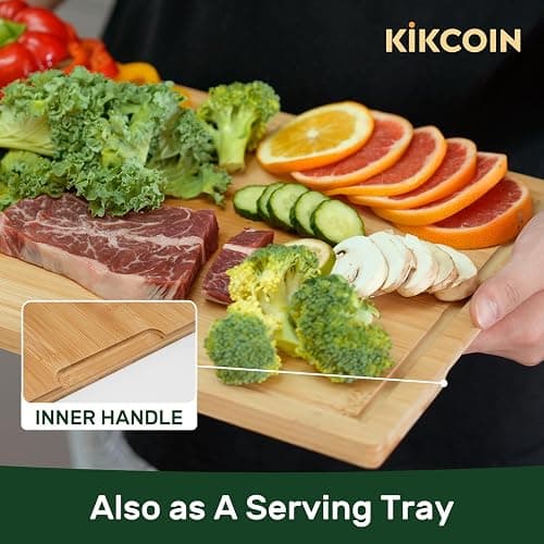 Bamboo Cutting Boards for Kitchen, Extra Large Wood Cutting Board with Deep Juice Groove and Handle Heavy Duty Chopping board, Kikcoin, 17.6" x 12" thumbnail 6