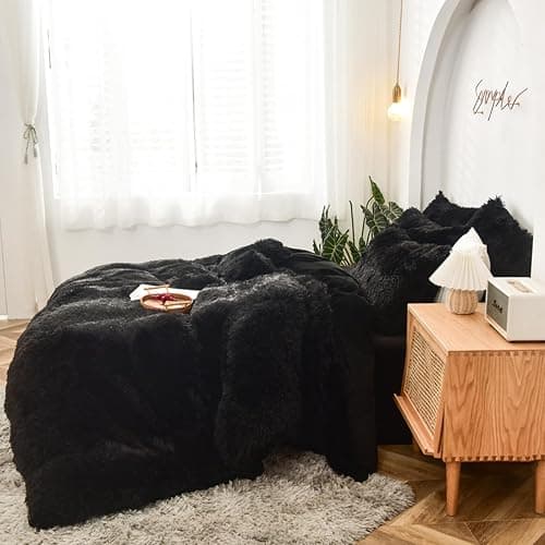MorroMorn 5 PCS Shaggy Duvet Cover Bedding Set - Fluffy Comforter Cover Long Faux Fur Luxury Ultra Soft Cozy (Black, Full/Queen) thumbnail 6