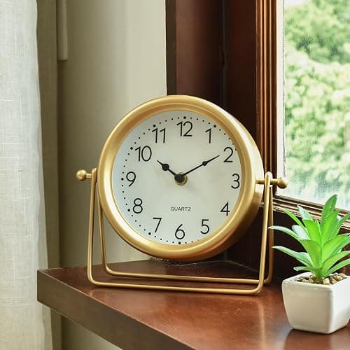 EMAX HOME Vintage Golden Table Clock - Elegant Battery Operated Office, Living Room, and Bedroom Clock with Minimalist Design Gold Table Decor 22x19.5x5.5cm thumbnail 2