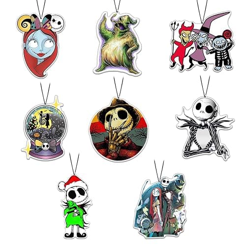 Babymiu Horror Christmas Skull Car Air Freshener Card Pendant(8Pack Fresh Ice Scent) Gifts Cartoon Halloween Merch Party Supplies Room Decor Accessories for Hanging Rearview Car Interior - Image 1