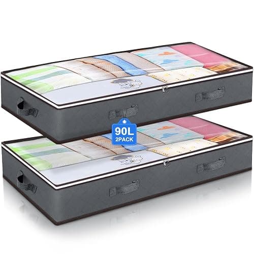 90L Under Bed Storage Containers, Underbed Toy Organizers and Clothing Storage Bags, Closet Storage Bins with Clear Window for Organizing Blanket Comforter Bedding Clothes Bedroom Dorm, 2 Pack - Grey - 2 Pack - Image 1