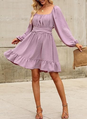 Dokotoo Womens Dress Long Lantern Sleeve Square Neck Tie Backless Sexy Dress Ruffle Elastic Waist A-Line Mini Dress thumbnail 2