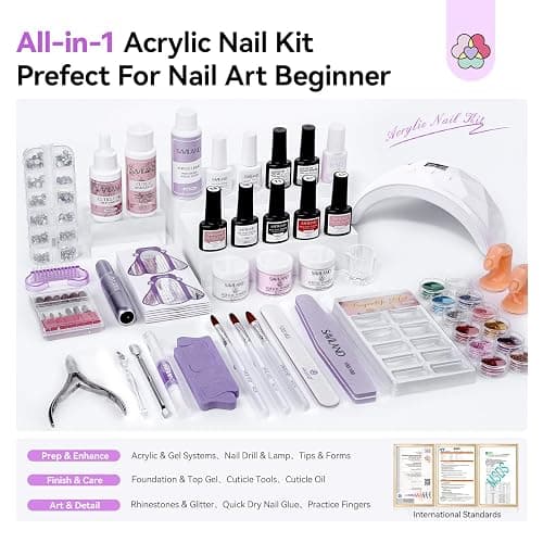 SAVILAND Acrylic Nail Kit: All-In-1 Nails Kit Acrylic Set with 88W Nail Lamp EMA Monomer Gel Nail Polish Nail Drill Cuticle Remover Home DIY Starter thumbnail 2