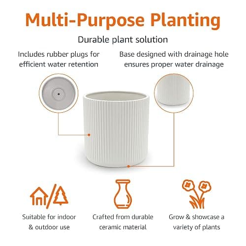 Amazon Basics Fluted Ceramic House Round Planter, 20.3 cm, White thumbnail 3