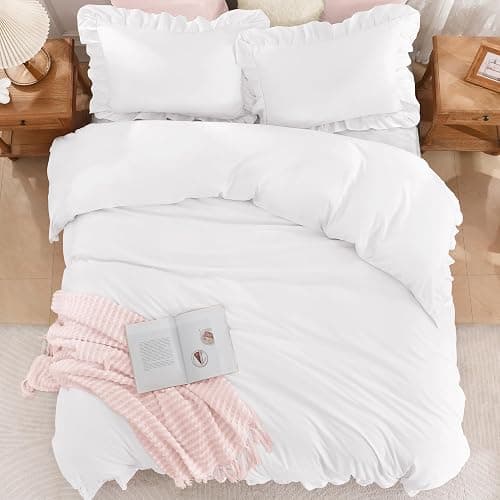 Andency White Ruffle Duvet Cover Queen(90x90Inch), 3 Pieces Soft Washed Microfiber Vintage Shabby Chic Farmhouse Ruffled Duvet Cover Set with Zipper Closure & Corner Ties thumbnail 9