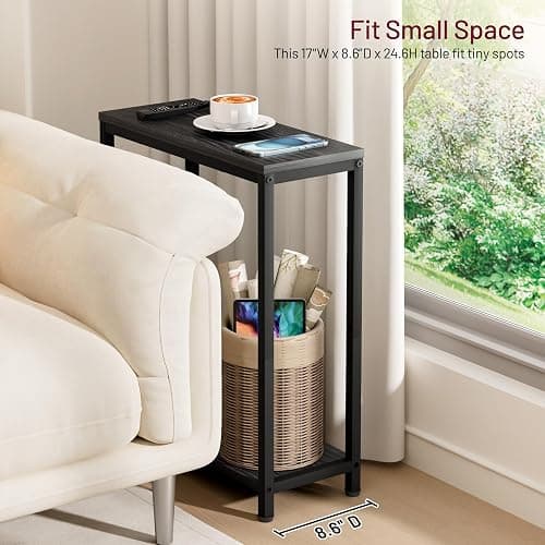 SLEEPING LAMB Narrow Small Side Table for Small Space, 2 Tier Sofa Skinny End Table for Living Room, Bedroom Beside Slim Nightstand, Rustic Black thumbnail 3