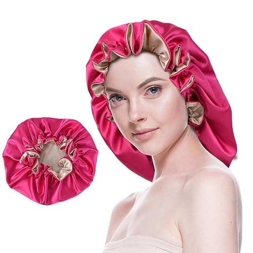 Beutyme Silk Bonnet for Sleeping Satin Bonnets Double Layer Reversible Hair Cap Bonnet for Women Long Curly Braid Hair (Hot Pink) - Image 1