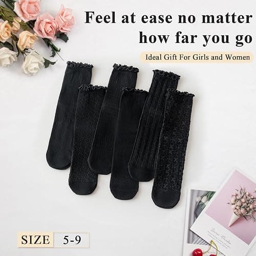 Mcool Mary Women's Ruffle Socks Mesh Casual Lace Cotton Ankle Ultra Thin Frilly Crew Socks for Women 6 Pairs thumbnail 7
