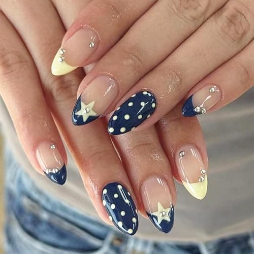 octoswave Press on Nails Long Almond Shape Star and Polka Dot Design Celestial Navy Blue French Tip False Nails for Women Party and Prom Night 24 Pcs - Image 1