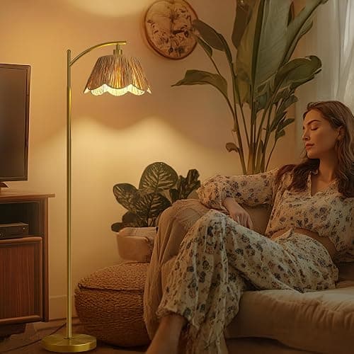 Oneach Arc Floor Lamp for Living Room,Rattan Boho Floor Lamp Decor with Hand-Woven Shade, Foot Switch,Gold Metal Base & Pole,Farmhouse Standing Lamp for Bedroom Corner,Reading thumbnail 8