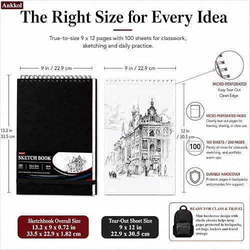 Ankkol Sketch Book 9x12, Top Spiral Bound Sketchbook,100 Sheets_68lb/100gsm | Art Sketch Pad for Kids, Adults, Beginners, Artists, Acid-Free Sketch Paper, Thick Drawing Paper, Hardcover, Perforated Pages thumbnail 2