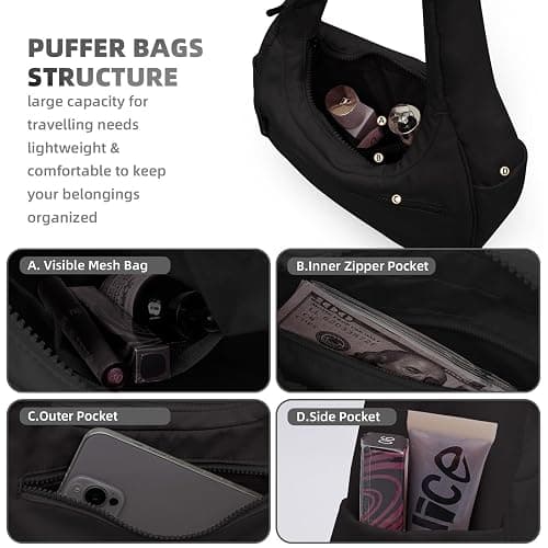Puffer Crescent Shoulder Bag for Women, Small Puffy Purse for Women, Nylon Quilted Shoulder Purses with Adjustable Strap thumbnail 4
