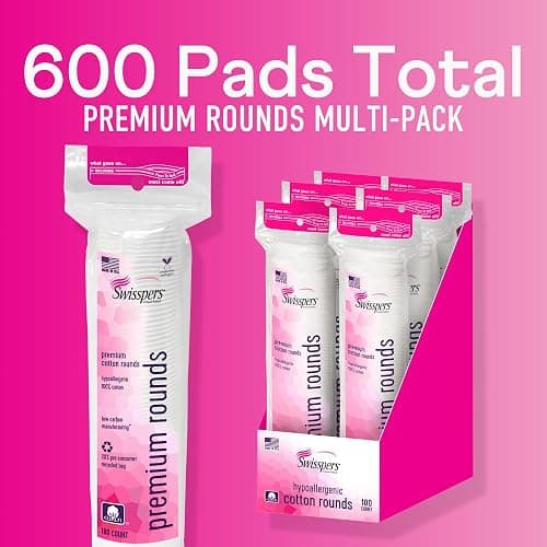 Swisspers Premium Cotton Rounds – 100 Count (Pack of 6) - 100% Pure Cotton - Soft, Absorbent, Hypoallergenic Pads for Makeup Removal, Skincare, Baby Care and Facial Cleansing - Lint Free thumbnail 2