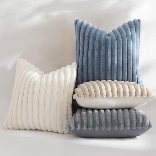 decorUhome Fall Cozy Faux Fur Throw Pillow Covers 16x16 Set of 2 Decorative Soft Plush Striped Modern Farmhouse Boho Couch Pillow Cases with Velvet Back for Sofa Bed Living Room, Grey Blue thumbnail 5