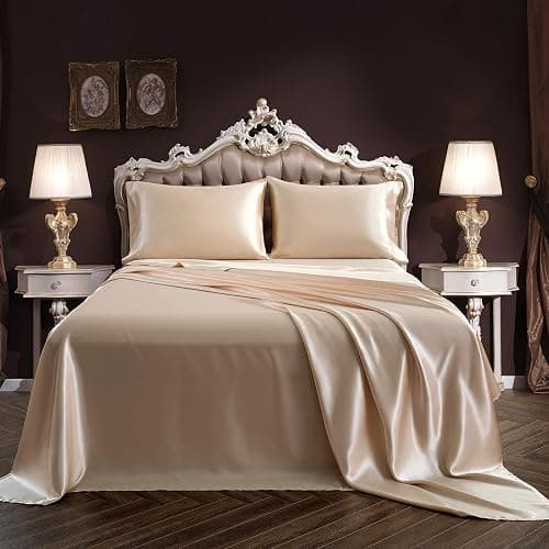 SiinvdaBZX 4Pcs Satin Sheet Set Queen Size 15-Inch Deep Pocket, Beige | Ultra Silky Soft Satin Bed Sheets Similar to Silk Sheets, Includes 1 Fitted Sheet, 1 Flat Sheet, 2 Satin Pillowcases thumbnail 7