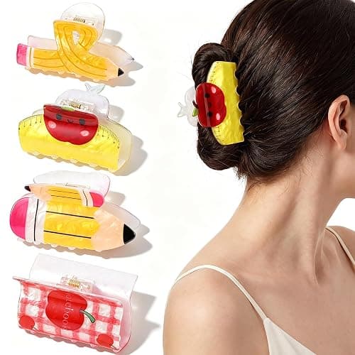 4 Pcs Back to School Hair Claw Clips Accessories Teacher Gifts for Women | Pencil Cute Barrettes Hair Accessories First Day Of School Supplies Students Styling Classroom Wear Outfit, Plastic 3.2-3.3In - Image 1