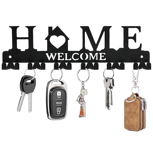 HOMEBROS Key Holder Wall Mount, Adhesive Metal Key Hanger with 6 Double Hooks, 2 Installation Methods, Black - Image 1