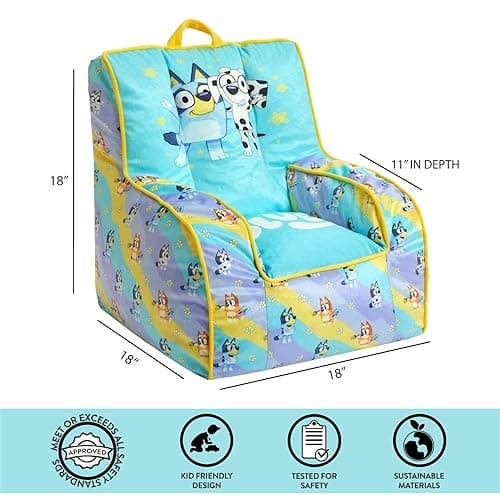 Idea Nuova Bluey Kids Micromink Bean Bag Sofa Chair with Piping & Top Carry Handle, Bluey and Chloe, Ages 3+ - Bluey thumbnail 3