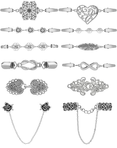 Tornito 12pcs Vintage Sweater Shawl Clips Retro Cardigan Collar Shirt Waist Dresses Chain Clip Antique Flowers Pattern Brooch Pins for Women - Image 1