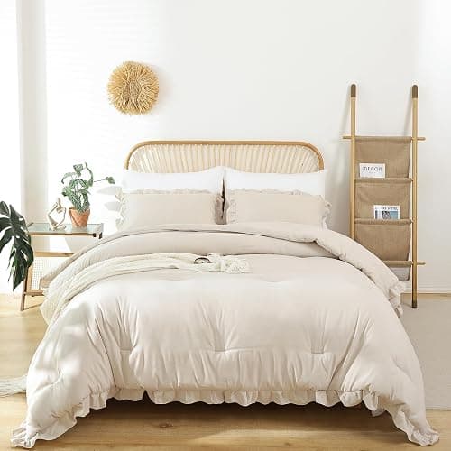 YIKUSH Ruffle Comforter Set Queen Size – Beige Soft Tufted Queen Bedding Set for All Seasons, Fluffy Shabby Chic Bed Set with 2 Pillowcases - Image 1