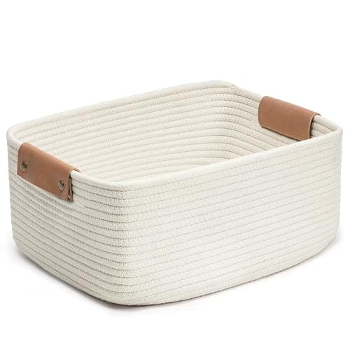 Cherrynow Square Woven Storage Basket for Shelves,Books,Cotton Rope Basket,Cube Storage Bin for Baby Toy,Towel,Magazine Basket,Home Décor White - Image 1