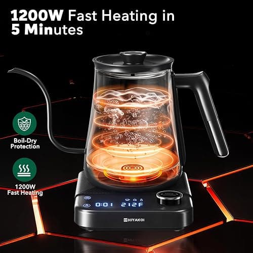 Electric Kettle, HIYAKOI Gooseneck Electric Kettle with Temperature Control, Pour Over Kettle for Coffee & Tea, 1200W Quick Heating Stainless Steel Hot Water Kettle Electric, Keep Warm, 0.8L thumbnail 6