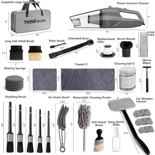 THINKWORK Car Cleaning Kit, Car Detailing Kit Interior Cleaner with High Power Handheld Vacuum, 10Pcs Detailing Brush and Storage Bag, Gray Auto Interior Cleaning Kit for Men thumbnail 2