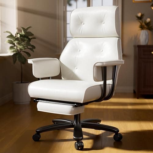 Reclining Office Chair with Footrest, Big and Tall Office Desk Chair 400lbs Wide Seat, Leather High Back Ergonomic Vintage Chair, Heavy Duty Executive Computer Chair, White thumbnail 8