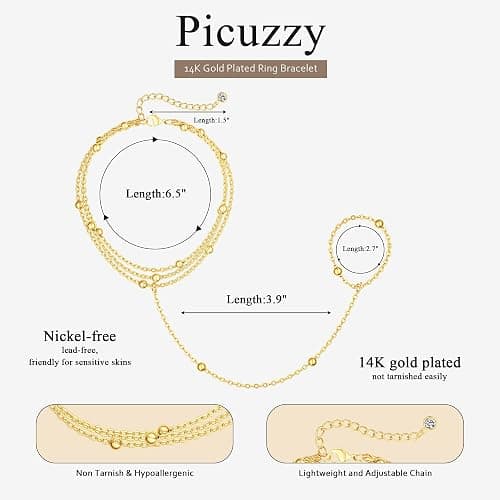Picuzzy 14k Gold Plated Hand Chain for Women,Trendy Ring Bracelet Hand Chain Non Tarnish Beaded Cubic Zircon Infinity Finger Ring Slave Bracelet Stack Jewelry Gifts for Women thumbnail 5