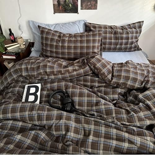 Bildenly Plaid Duvet Cover Set Full Size 3 Piece Blue Brown Buffalo Plaid Comforter Cover Vintage Grid Checkered Pattern Soft Breathable Microfiber Bedding Set with Zipper Closure and 2 Pillowcases - Image 1