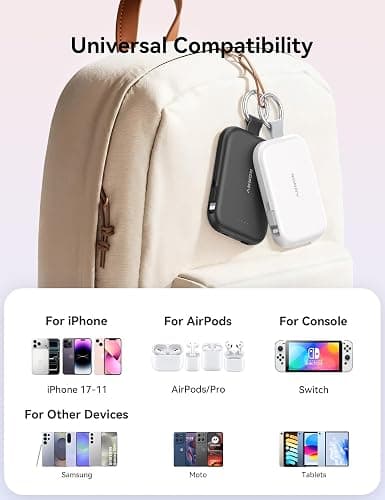 RORRY CharmGo Portable Charger, 5000mAh Power Bank with Built-in Cables | 20W,Keychain,Travel Essential,Battery Pack,USB-C,Compact,All in Mini,for iPhone18 Pro Max/17-15,for AirPods 3/4/Pro,for iPad thumbnail 5