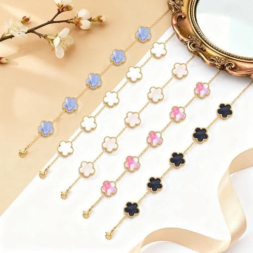 MIFKUD Four Leaf Clover Bracelet for Women 18K Gold Plated Bracelets White/Gold/Black/Blue/Pink Flower Leaf Link Clover Bracelet Lucky Clover Gold Bracelet Trendy Jewelry Birthday Gifts for Women thumbnail 3
