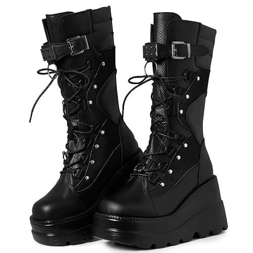 Tscoyuki Womens Goth Platform Boots Chunky Wedge Heel Rave Combat Boots Lace Up and Zipper Round Toe Mid Calf Boot for Concert Festival - 6 - Black - Image 1