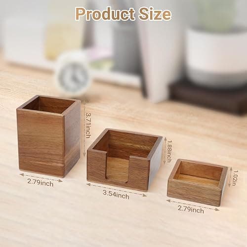 RAWILL 3 PCS Brown Wooden Desk Organizer Set Pine Wood Office Desk Accessories with Pen Holder, Paperclip Storage and Sticky Note Holder, Wood Grain Clear, Ideal Gift for Office and Family thumbnail 3