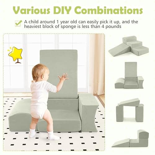 COSTWAY 5-Piece Soft Play Climbing Blocks, Baby Climb and Crawl Playset with Ball Pit, Foam Playground Montessori Toy for Toddlers (Green) - Green thumbnail 4