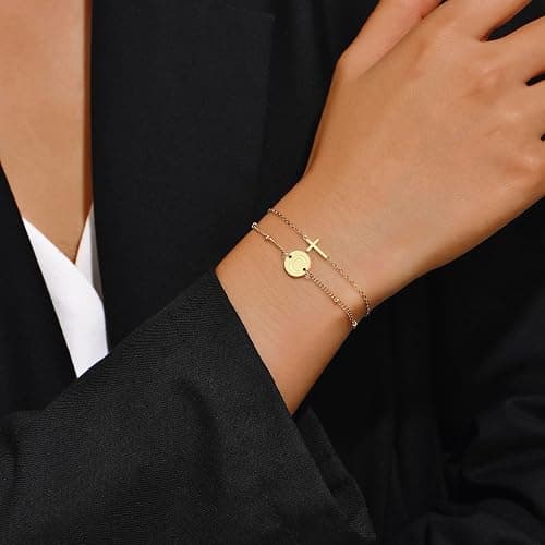FERLYHR Cross Bracelet for Women Initial Bracelets for Women Dainty Layered Beaded Disc Monogram Gold Faith Cross Bracelet Christian Religious Jewelry Gift thumbnail 4