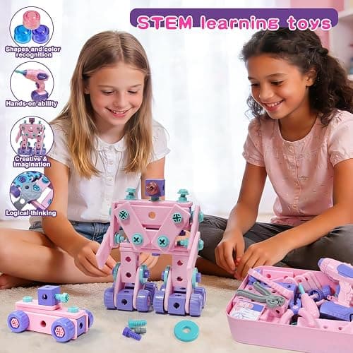 Pink Kids Tool Set for Girls,Toddler Tool Set with Drill &Toolbox,STEM Montessori Toys for 3 4 5 Year Old,Pretend Play Kid Toy,Educational Construction Toy for 3-6 Year Old Girl,Birthday Gift for Kids thumbnail 6