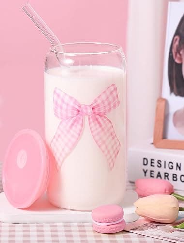 Pecfamly Aesthetic Cute Preppy Pink Bow Trendy Teen Girl Stuff Birthday Gifts for Teen Girls, Clear Reusable Iced Coffee Matcha Boba Tea Smoothie Patron Reusable Glass Cups Tumbler with Lid and Straw thumbnail 2