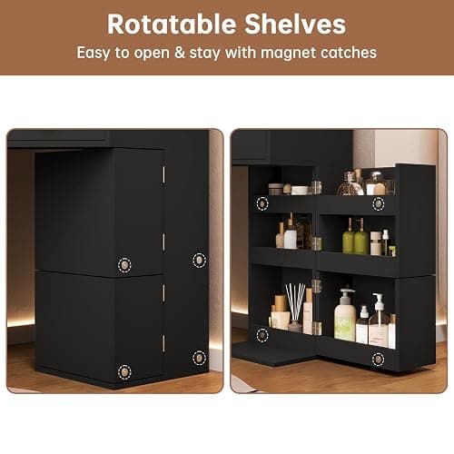 HAUOMS Vanity Desk with Mirror Lights, Storage Bench & Power Outlet, Corner Vanities with Rotating Cabinet & Drawers, 42.5" L Shaped Vanity Set, 3 Light Settings, for Women Girls, Modern Black thumbnail 7