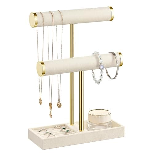 Josmimic 2 Tier Bracelet Holder Display - Detachable T Bar Beige Velvet Bracelet Holder, Jewelry Holder Organizer for Bracelet, Necklace, Watches, Rings - Image 1