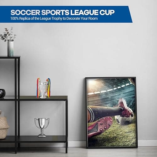 Emaraxy Champion Trophy, Sports League Cup, Champions League Replica, Resin Material, Medal, Keepsake Collection, Office Decoration Trophy, Chrome Plated Silver/Blue Ribbon thumbnail 3