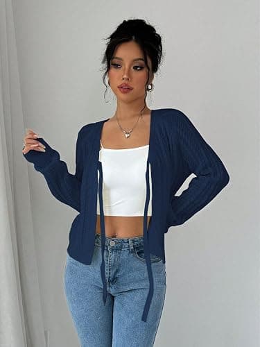 Narecte Cardigan Sweaters for Women V Neck Cropped Bow Tie Front Cardigan Long Sleeve Tops Knit Fall Winter Outfit thumbnail 2