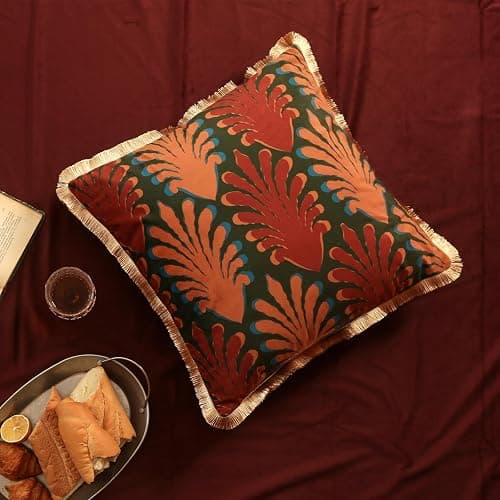 patdrea Designer Velvet Throw Pillow Covers 18x18 Inch,Farmhouse Yellow Jungle with Brown Palm Leaves Pattern,Decorative Square Pillowcases Cushion for Bed Living Room Outdoor Car,Pack of 2 thumbnail 2