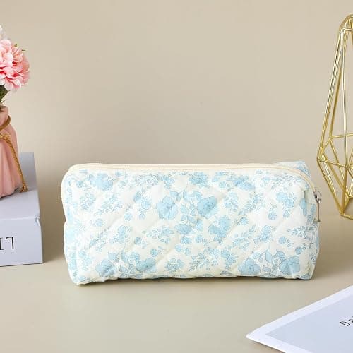 HJZHII Cute Pencil Case, Aesthetic Flowers Pencil Pouch, Portable Pen Bag Wide Opening, Soft Quilted Pencil Pouch Organizer with Zipper for Office College Storage Makeup Pouch, Blue Flowers thumbnail 2