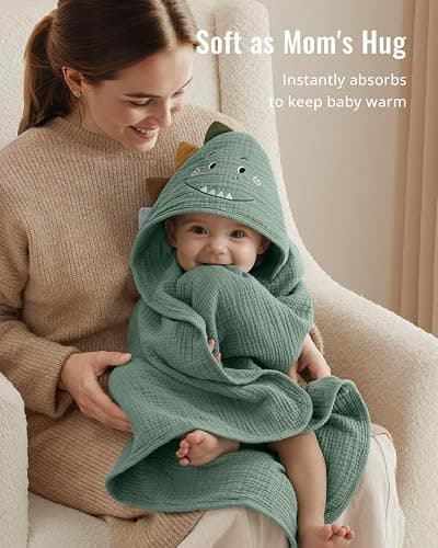 Blissful Diary Muslin Baby Hooded Towel, Soft and Absorbent Bath Towel for Newborn, Infant, Toddler, Unisex, 32″x32″ - Roguish Dino thumbnail 3