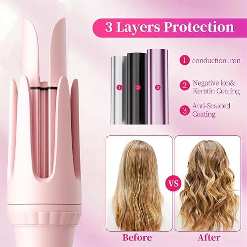 MinHuang Auto Hair Curler, Automatic Curling Iron,1.25 inches, Automatic Shut-Off, Anti-Scald, Anti-Tangle, Negative Ion,Anti-Tangle Rotating Curling Wand for Women Hair Styling,Pink thumbnail 3
