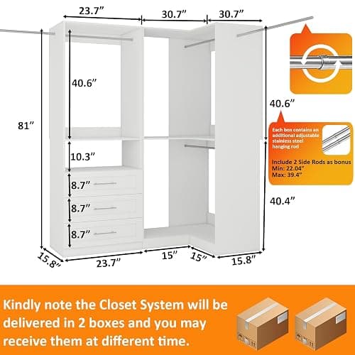 Secilix Closet System with 3 Wooden Drawers, 4.5-6FT Corner Closet Organizer System for Walk in Closet, Heavy Duty Modular Closet Systems, Built-in Shelving System with 5 Hanging Rods, 2-Piece Set thumbnail 2