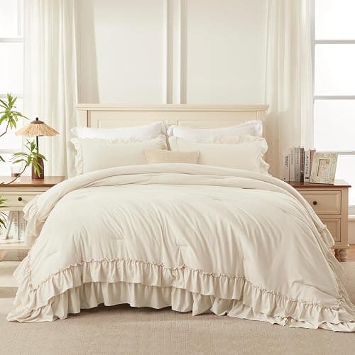 Andency Beige Full Size Comforter Set, 3 Pieces Farmhouse Shabby Chic Ruffle Comforter Set, Soft Lightweight Fluffy All Season Microfiber Bedding Comforter Set for Kids, Girls, Women thumbnail 4