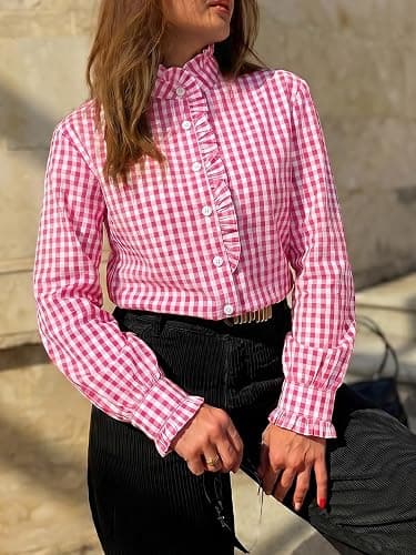 Cicy Bell Womens Plaid Shirts Ruffle Puff Long Sleeve V Neck Gingham Tops | Trendy Casual, Button Down, Work Casual, Checkered Blouses, Loose Fit thumbnail 5